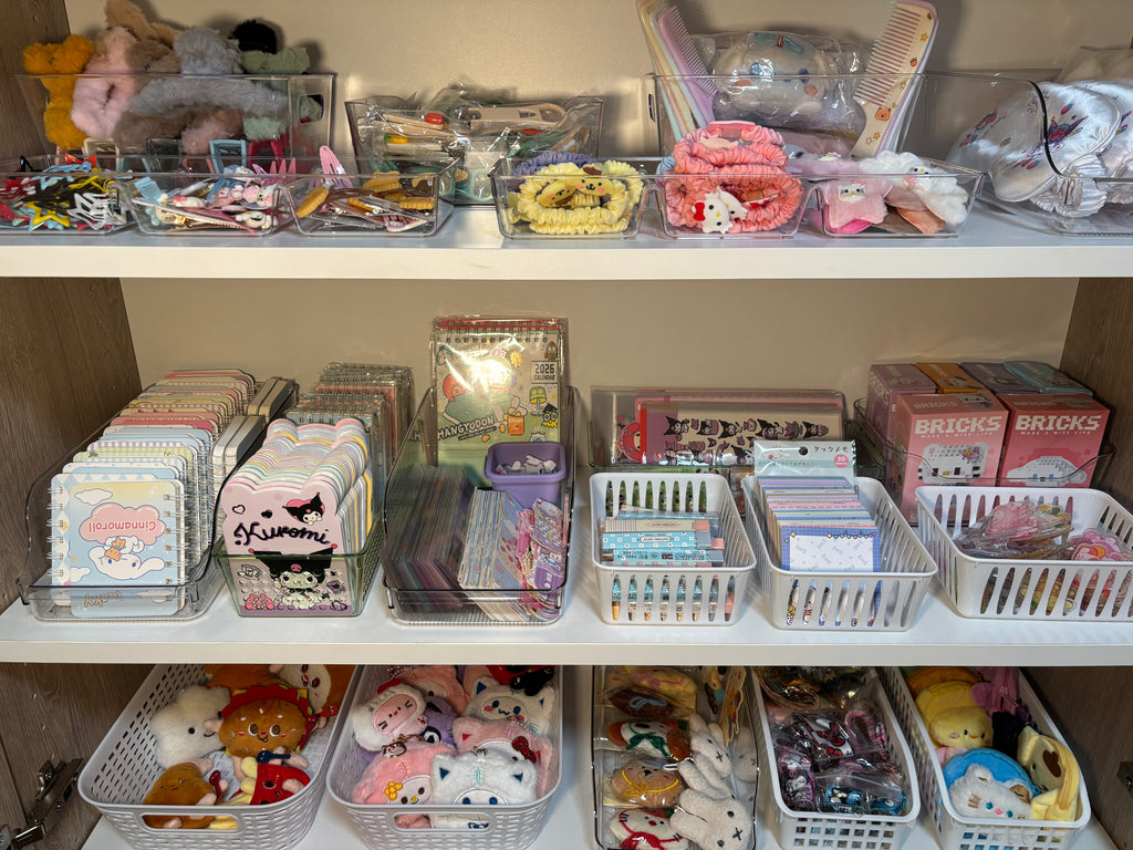 Closer view of various shop products including cute hair accessories, stationary, and more!