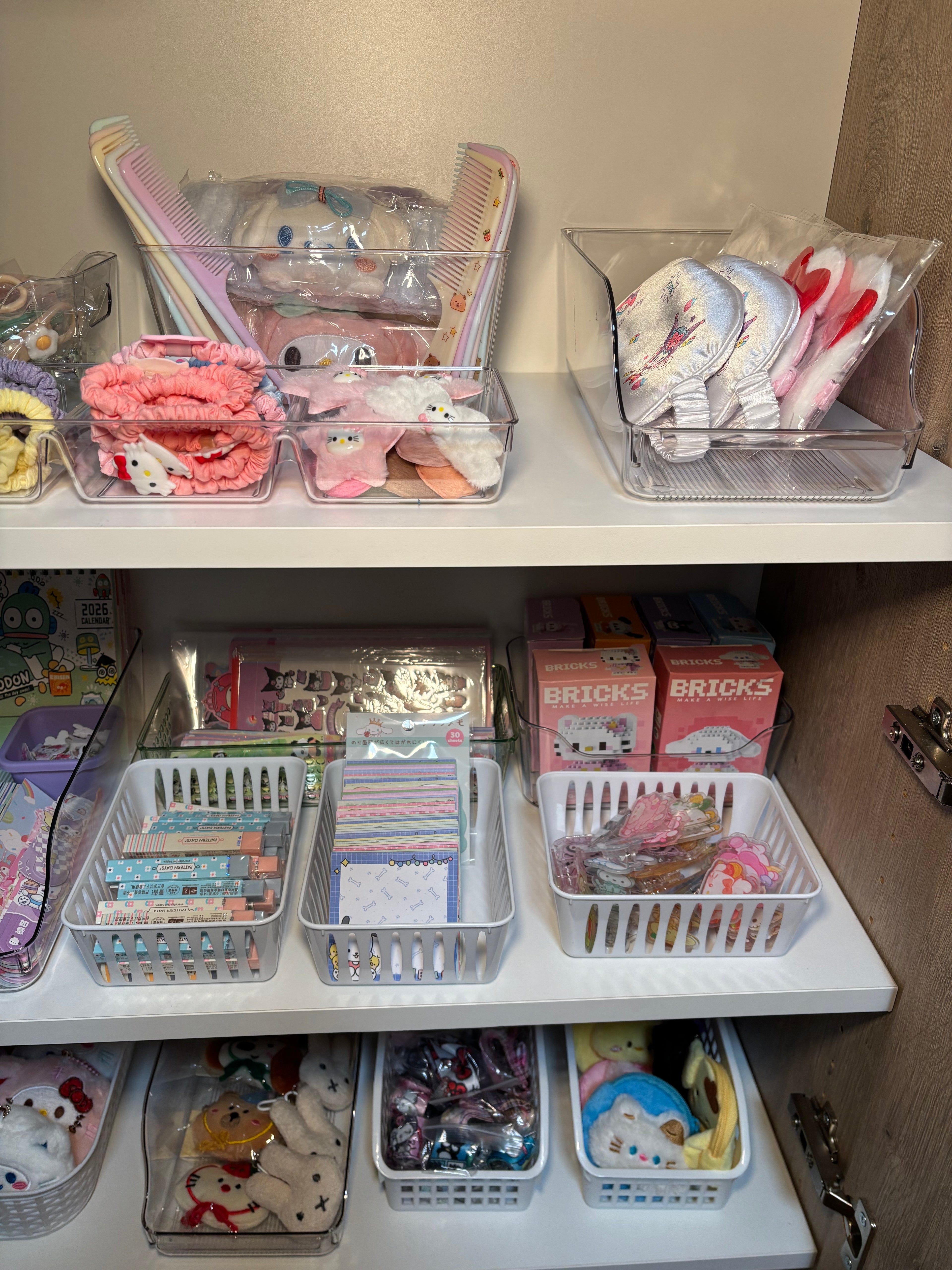Closer view of shop products (hair ties, hair clips, combs, head band, sleeping mask, and stationary). 